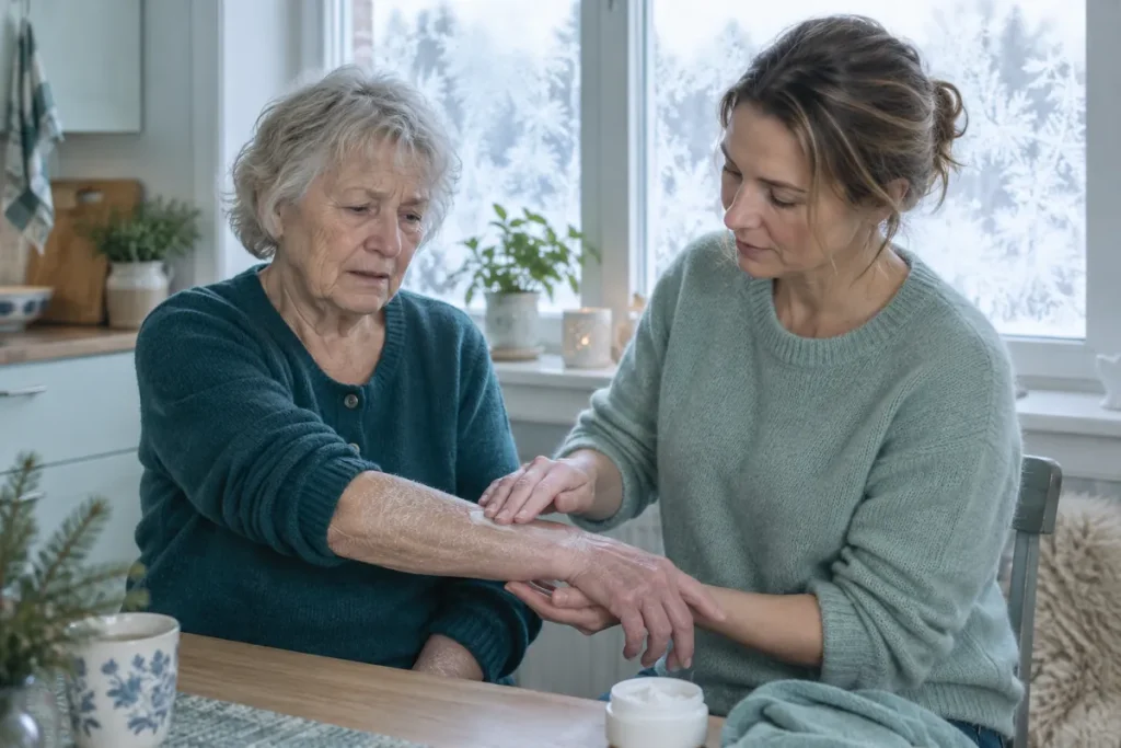 En dotter smörjer in sin äldre mammas torra och fjällande underarm i ett vinterljust kök