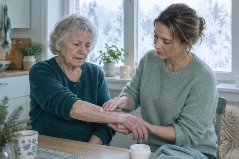 En dotter smörjer in sin äldre mammas torra och fjällande underarm i ett vinterljust kök