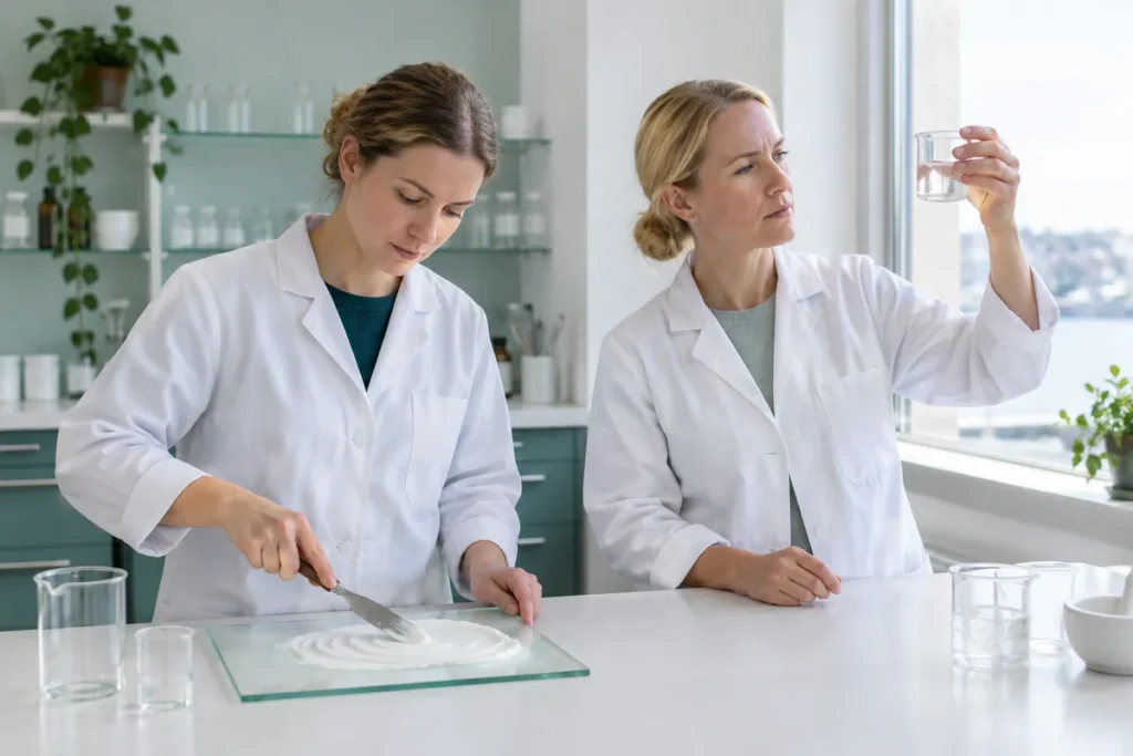 Två farmaceuter, den ena bearbetar en salva på en glasplatta och den andra håller upp en bägare med gel