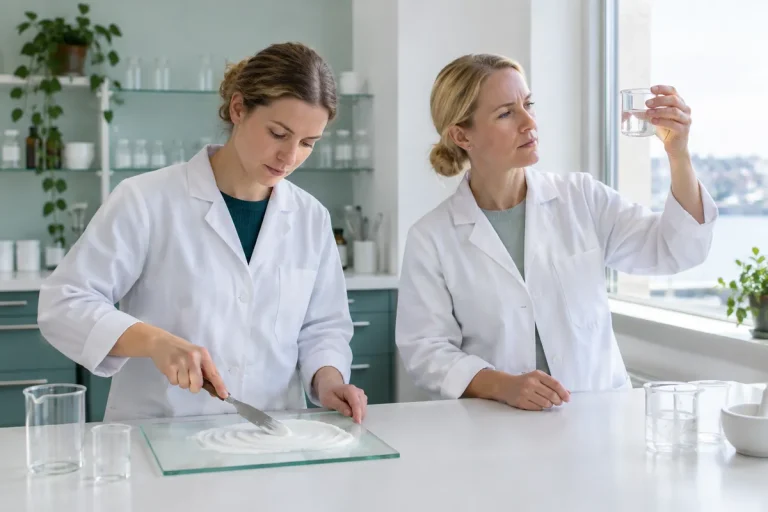 Två farmaceuter, den ena bearbetar en salva på en glasplatta och den andra håller upp en bägare med gel