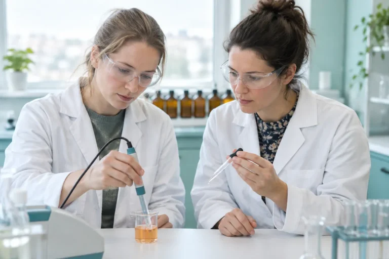 Två kemister mäter pH i ett C-vitaminserum med en pH-mätare i laboratoriet