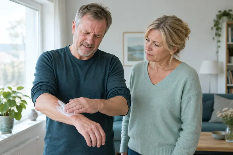 En man grimaserar när krämen han stryker på den torra underarmen svider medan hans fru ser på