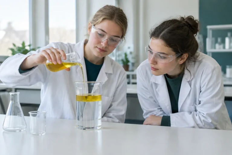 Två studenter häller olja i ett glas med vatten och ser hur skikten skiljer sig åt