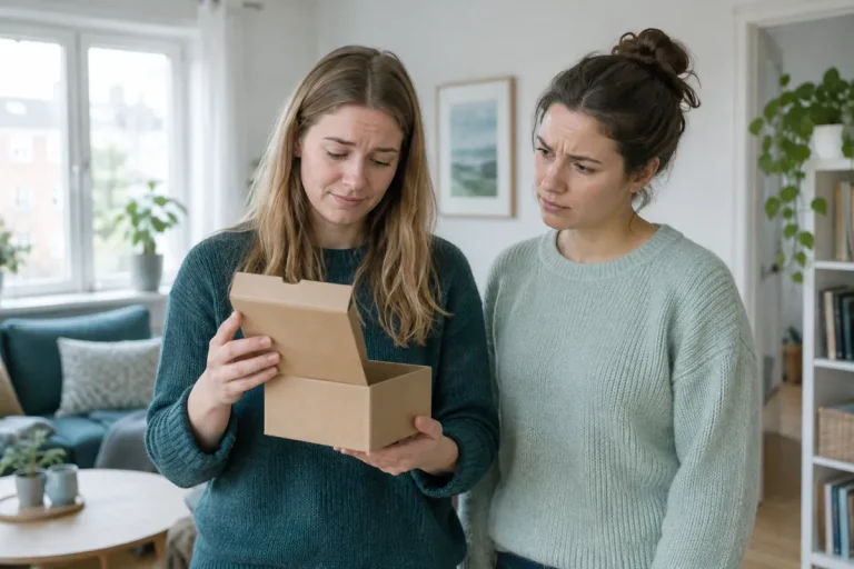 En ung kvinna håller ett nyöppnat paket och ser tveksam ut medan hennes vän ser bekymrad på